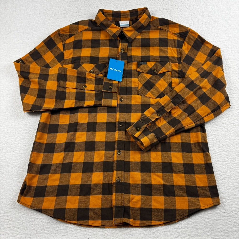 Columbia Sportswear Flannel Shirt Mens XL Yellow Brown Buffalo Plaid Button Up